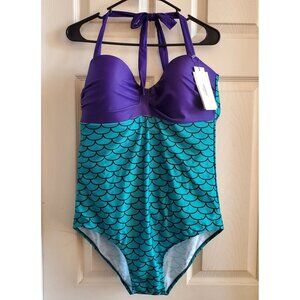 NWT Loradew 3XL Bathing Suit. Slimming purple & aqua mermaid halter. Support bra